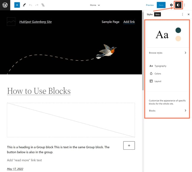 Global Styles settings opened in sidebar of Gutenberg editor